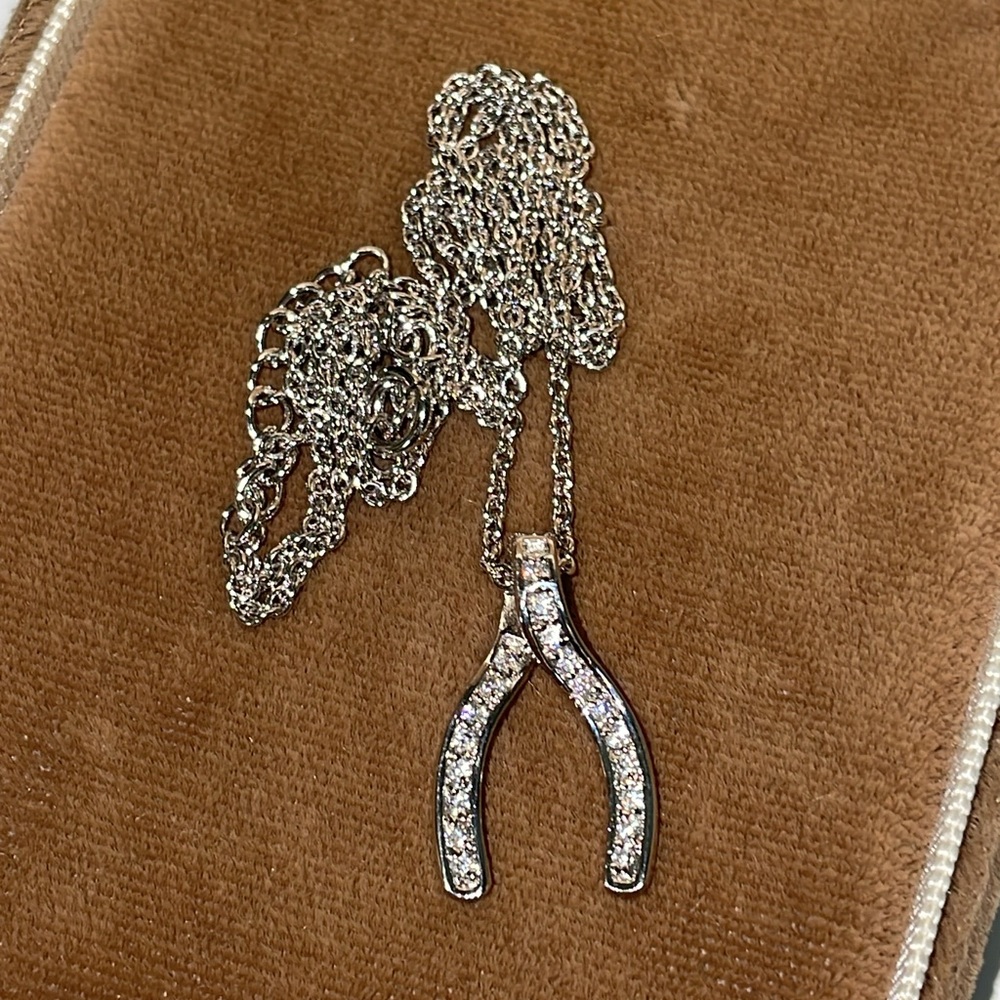 Lucky Wishbone Silver Faux Diamond Pendant Adjustable Length Neck Chain